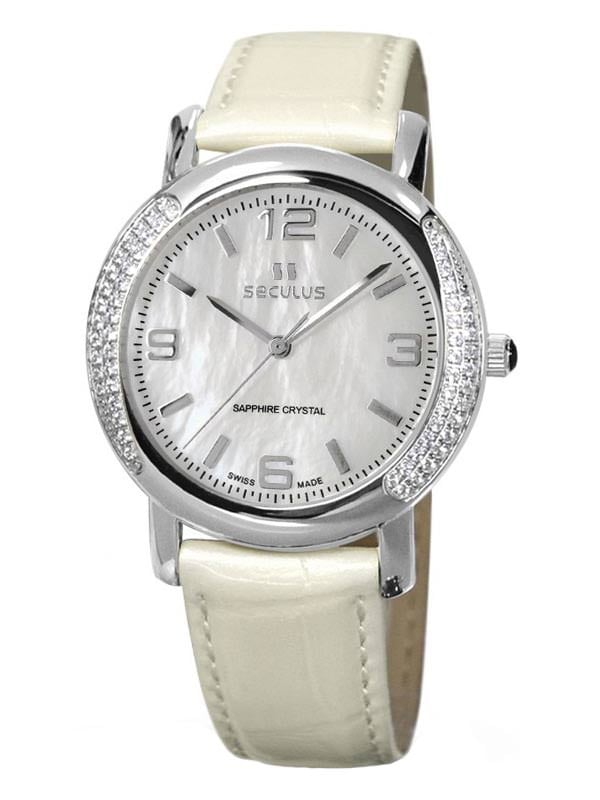 Seculus 1673.2.1063 white-cz, ss-cz, pearl leather