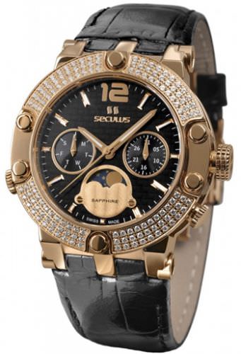 Seculus 1690.5.706 black, pvd-r with stones, black leather